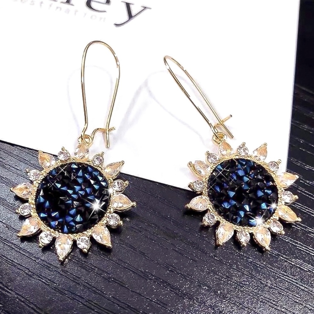 Blue Crushed Gem Sunflower Ear Wire Earrings - Picture 3 of 8